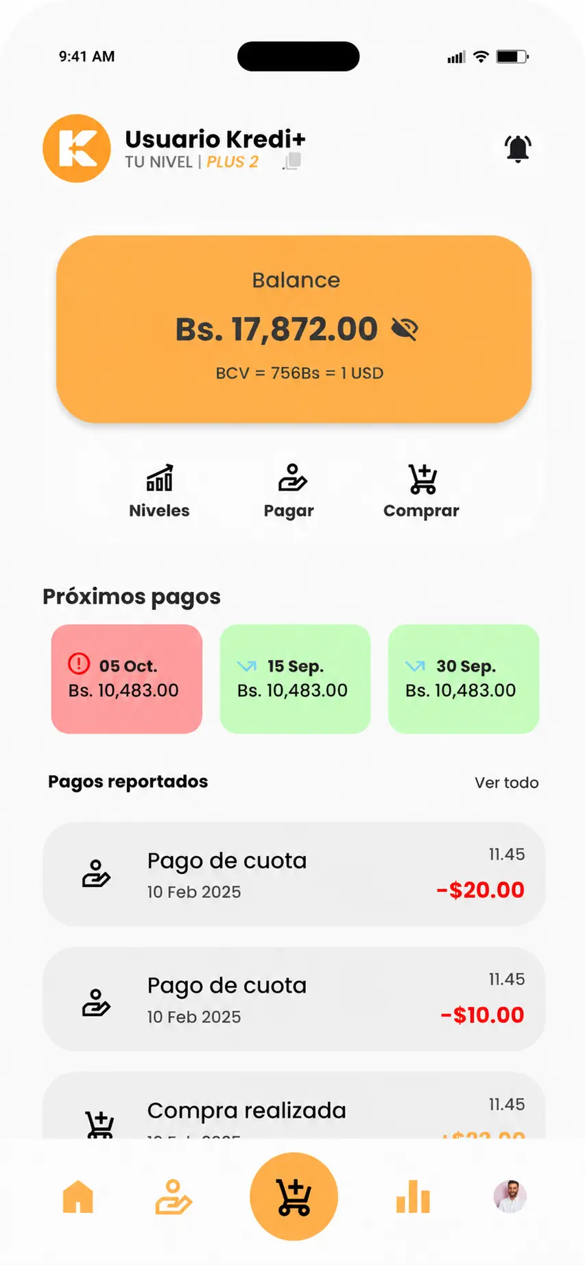 Vista de la app Kredi+ con balance, próximos pagos y movimientos
